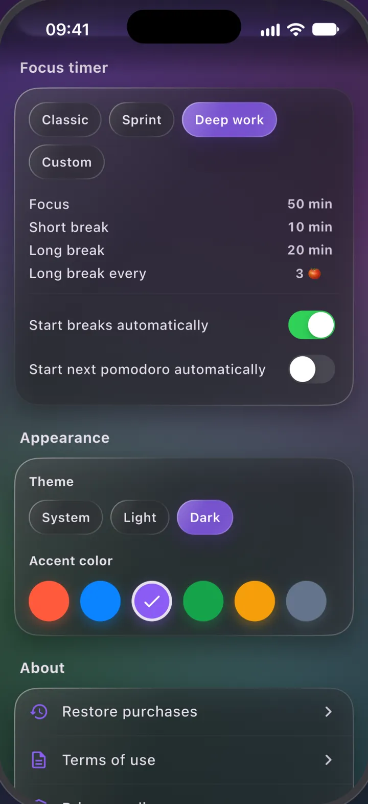 Settings with timer presets, theme and accent colors