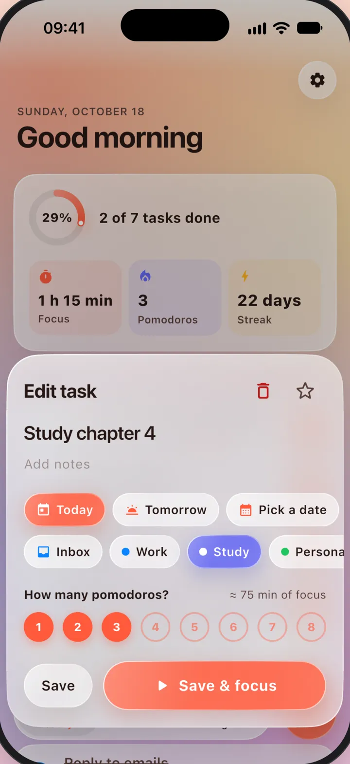 Task editor with list, due date and pomodoro estimate