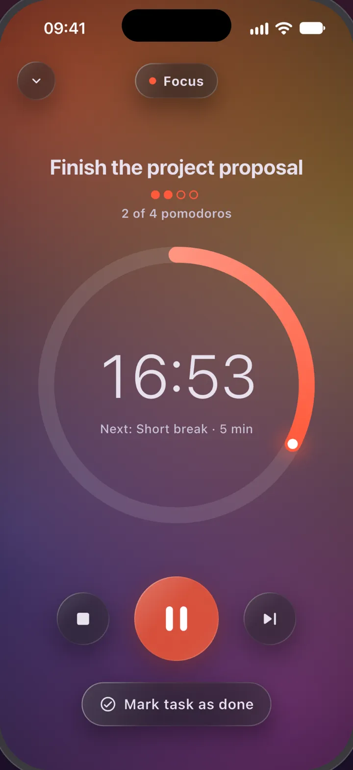 Focus timer with a progress ring and the next short break