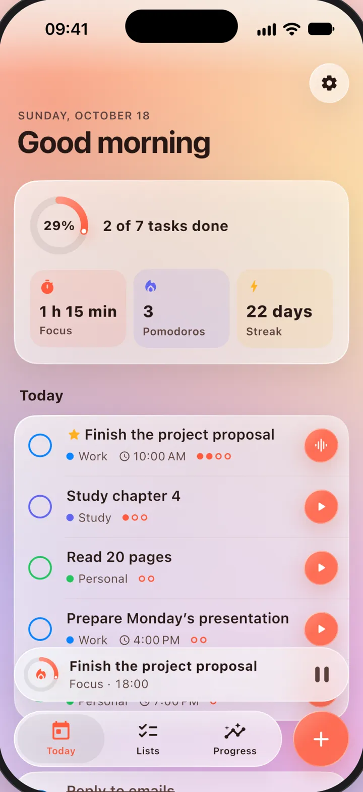 Today screen with focus time, pomodoros, streak and today’s tasks
